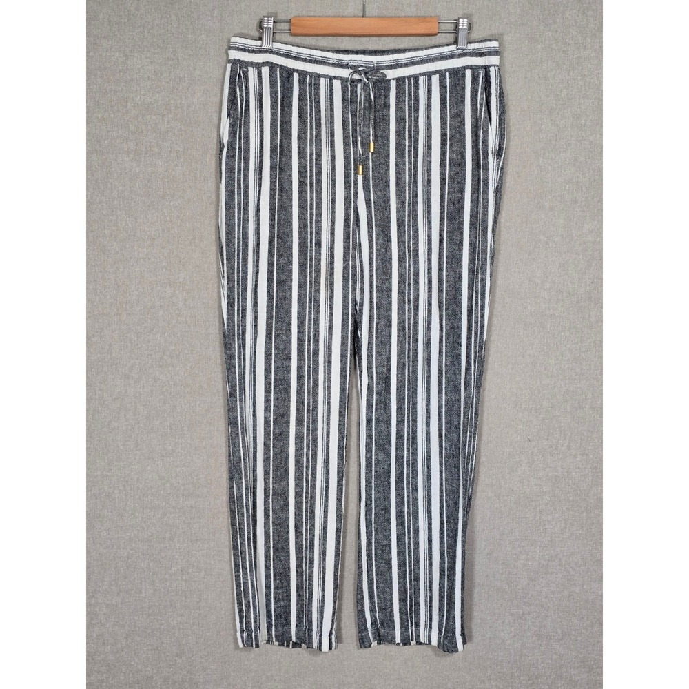 Ellen Tracy Women's Linen Blend Striped Drawstring Pants Grey White Drawstring M